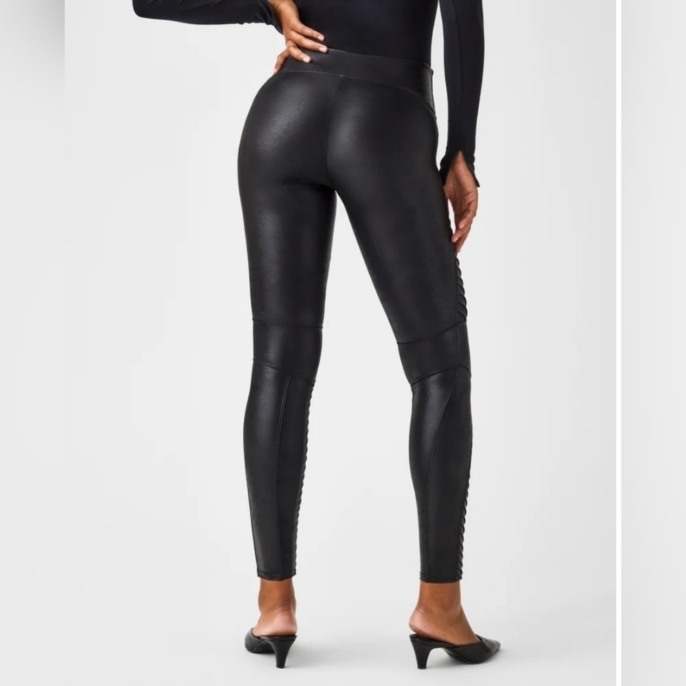 SPANX Faux Leather Moto Leggings Black High Rise Shaping Women's SP - Picture 7 of 13